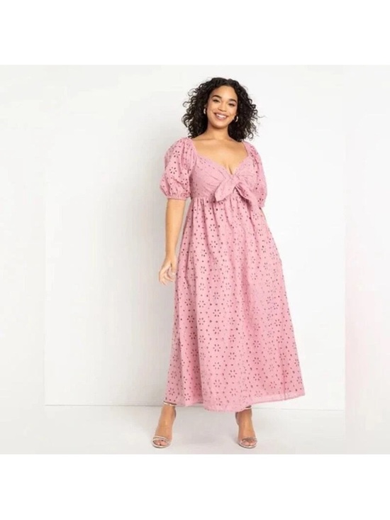 Eloquii Dresses & Skirts - Eloquii Woman’s Eyelet Detain Tie Front Puff Sleeve Maxi Dress SZ 16 Pink Mauve